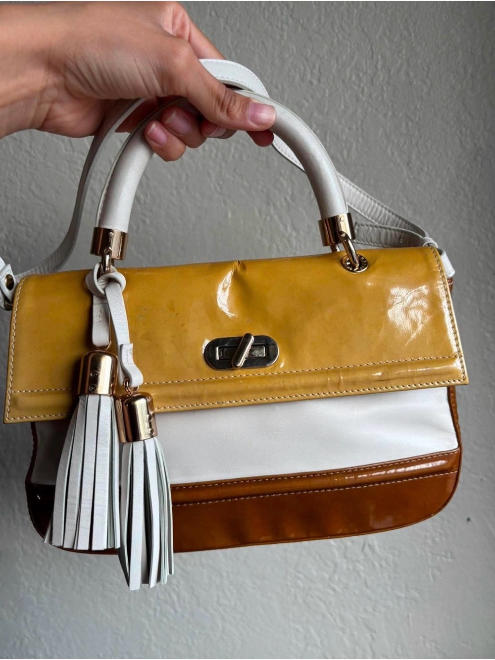 Y2K Stuart Weitzman Yellow, White & Brown Colorblock Leather Top-Handle Satchel